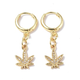 Clear Cubic Zirconia Maple Leaf Dangle Hoop Earrings, Rack Plating Brass Jewelry for Women