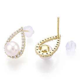 Natural Pearl Stud Earrings, Teardrp Brass Micro Pave Clear Cubic Zirconia Earrings with 925 Sterling Silver Pins
