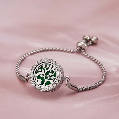 Bracelet diffuseur d'huiles essentielles, alliage arbre de vie médaillon lien curseur bracelet avec cristal strass pour les femmes, platine