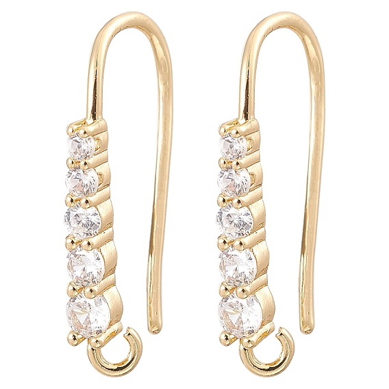 Brass Micro Pave Clear Cubic Zirconia Earring Hooks, Ear Wire, with Horizontal Loops