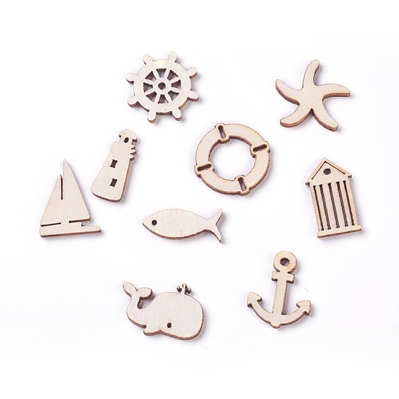 Sailing Theme Wooden Cabochons/Pendants, Laser Cut Wood Shapes, Mixed Shapes