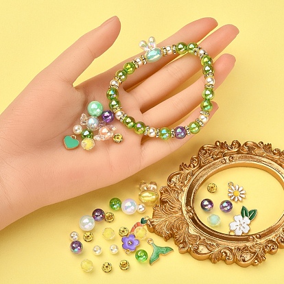 Kit de fabrication de bracelet bricolage bracelet mignon, y compris perles d'imitation et perles acryliques rondes, Pendentifs en alliage d'émail fleur et coeur et carotte et queue de baleine