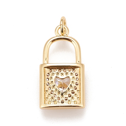 Brass Micro Pave Cubic Zirconia Pendants, Real 18K Gold Plated, Lead Free & Cadmium Free, Lock
