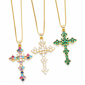 Colorful CZ Cross Pendant Necklace for Hip Hop and Vintage Style