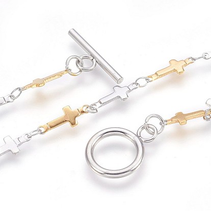 Placage ionique (ip) 304 bracelets à maillons en acier inoxydable, avec fermoirs toggle, croix