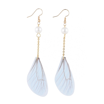 Glass Pearl Dangle Earrings, with Organza Fabric, 304 Stainless Steel Cable Chains and Brass Earring Hooks, Dragonfly Wing