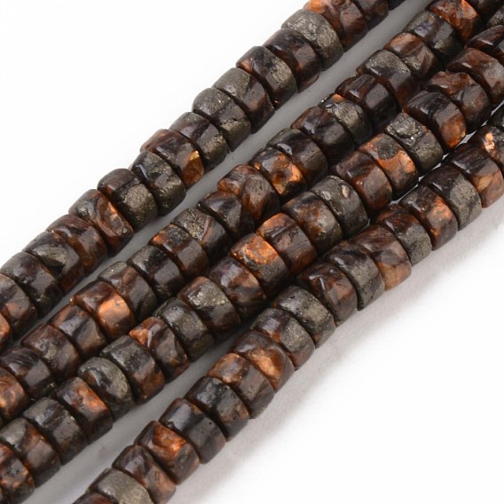 Natural Bronzite & Pyrite Beads Strands, Flat Round/Disc, Heishi Beads, Dyed