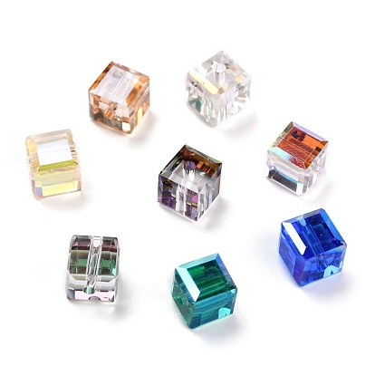 Electroplate Transparent Glass Beads, Faceted Cube, Rainbow Plated
