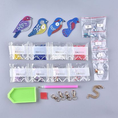 DIY Diamond Painting Keychain Kits, with Bird Shape Diamond Painting Mold, Rhinestone, Diamond Sticky Pen, Tray Plate and Glue Clay, Ball Chain Keychain and Swivel Clasp
