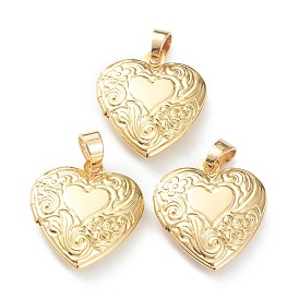 Brass Locket Pendants, Photo Frame Pendants for Necklaces, Long-Lasting Plated, Heart with Flower