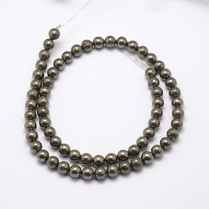 Natural Pyrite Beads Strands, Round, 6mm, Hole: 1mm