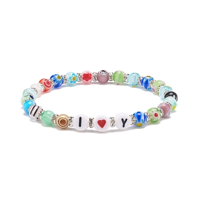 Mot bracelet, Bracelet extensible coloré en perles de verre et d'acrylique millefiori pour femme