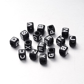 Initial Acrylic Horizontal Hole Beads, Mixed Letters, Cube, 6x6x6mm, Hole: 3.5mm