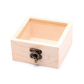 Wooden Box, Flip Cover Box, with Iron Lock Clasps & Glass Visual Window, Rectangle