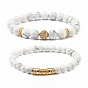 Natural Mixede Stone Round Beads Stretch Bracelets Set, Round & Tube Brass Micro Pave Cubic Zirconia Beads Bracelets