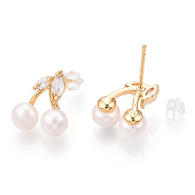 Pendientes de perlas naturales con circonitas., pendientes de cereza de latón con 925 alfileres de plata esterlina, sin cadmio y níque y plomo