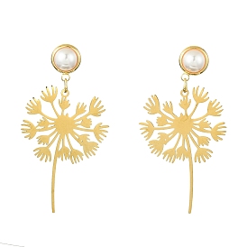 201 Stainless Steel Dandelion Dangle Stud Earrings with Brass Pins, Long Drop Earrings with ABS Plastic Imitation Pearl