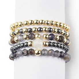 5Pcs 5 Style Natural Rainbow Moonstone & Dichroite & Synthetic Hematite Round Beaded Stretch Finger Rings Set, Gemstone Jewelry for Women
