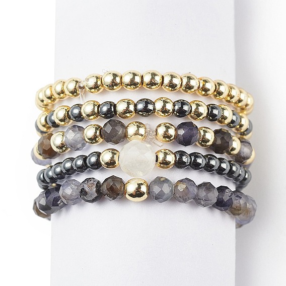 5pcs 5 style pierre de lune arc-en-ciel naturelle et dichroïte et hématite synthétique ensemble de bagues extensibles perlées rondes, bijoux en pierres précieuses pour femmes