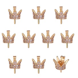 10Pcs Brass Micro Pave Cubic Zirconia Peg Bails Pendants, for Half Drilled Bead, Nickel Free, Crown, Golden