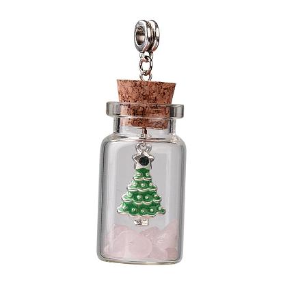 Natural Gemstone Beaded Wishing Bottle European Dangle Large Hole Pendants, with Christmas Tree Alloy Rhinestone Enamel Pendants, Antique Silver, 60mm, Hole: 5mm