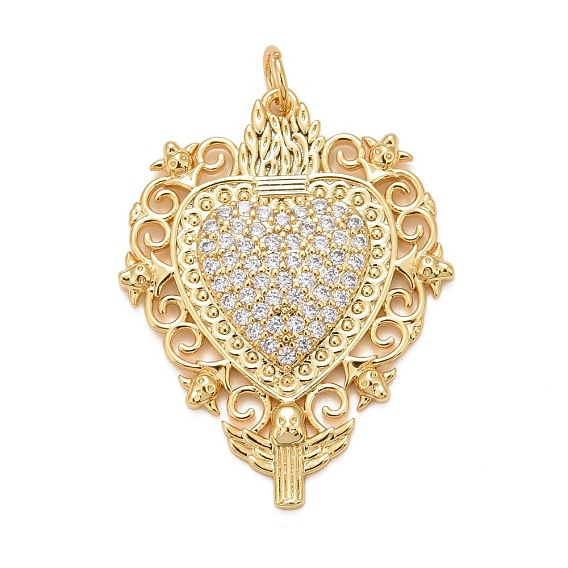 Rack Plating Brass Micro Pave Clear Cubic Zirconia Pendants, Cadmium Free & Nickel Free & Lead Free, Long-Lasting Plated, with Jump Ring, Heart