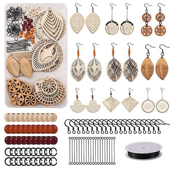 Kit de fabrication de boucles d'oreilles pendentif en bois bricolage, y compris les grands pendentifs en bois, perles de bois de noix de pécan, fil de cuivre, anneaux en aluminium de saut, crochets de boucle d'oreille en acier inoxydable et épingle à œil
