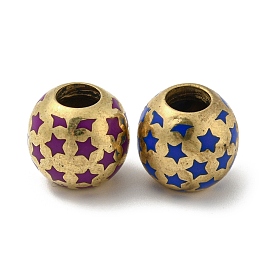 Brass Enamel European Beads, Large Hole Beads, Golden, Round with Star
