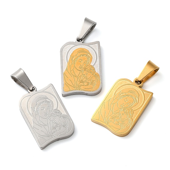 Mother's Day Theme Vacuum Plating 304 Stainless Steel Pendants, Rectangle with Child & Mother Charms