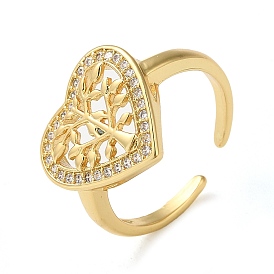 Brass Micro Pave Cubic Zirconia Open Cuff Ring, Heart with Tree
