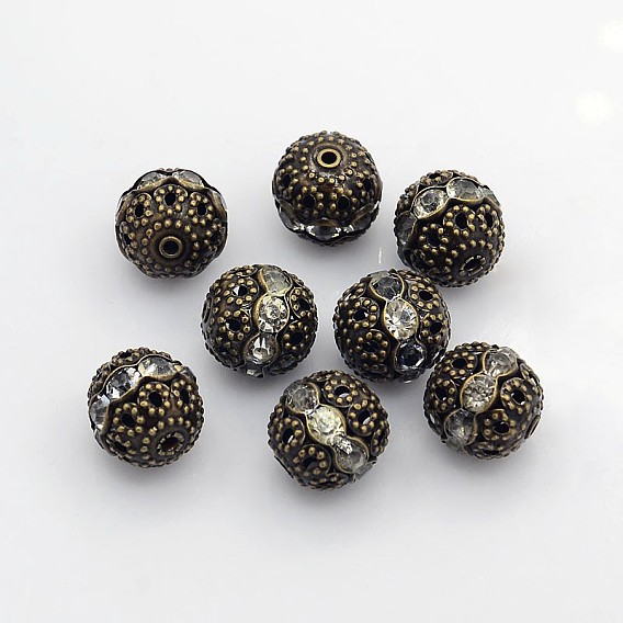 Perles en laiton de strass, Grade a, métal couleur bronze antique, ronde, 12 mm de diamètre, Trou: 1.5mm