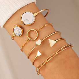 Geometric Heart Triangle Bracelet Set with Five Open-Inlaid Gemstone Bangles - 5 Piece Jewelry Collection
