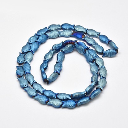 Full Plated Frosted Electroplate Glass Fish Beads Strands, 15x8x5mm, Hole: 1mm, about 30pcs/strand, 16 inch