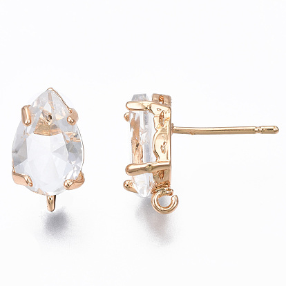 Brass Stud Earring Findings, with Glass and Loop, Long-Lasting Plated, Teardrop, Light Gold