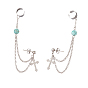 Boucles d'oreilles pendantes à chaîne suspendue en perles turquoises vertes synthétiques avec manchette d'oreille, 304 boucles d'oreilles croix en acier inoxydable pour femmes