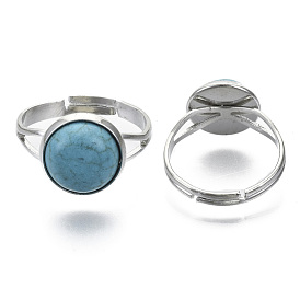 Synthetic Turquoise Adjustable Rings, with Zinc Alloy Findings, Cadmium Free & Lead Free, Flat Round