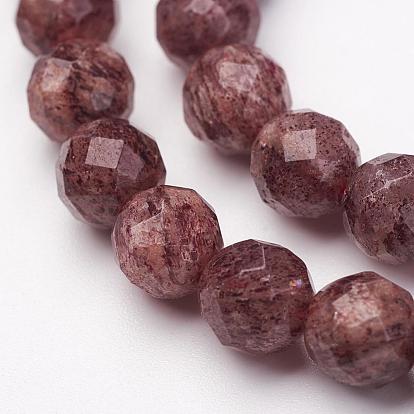 Naturales de fresa de hebras de perlas de cuarzo, facetados, rondo