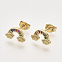 Brass Micro Pave Colorful Cubic Zirconia Stud Earrings, with Earring Backs, Rainbow, Real 16K Gold Plated