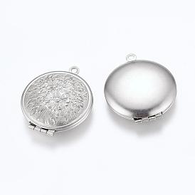 304 Stainless Steel Locket Pendants, Photo Frame Charms for Necklaces, Flat Round with Flower Pattern