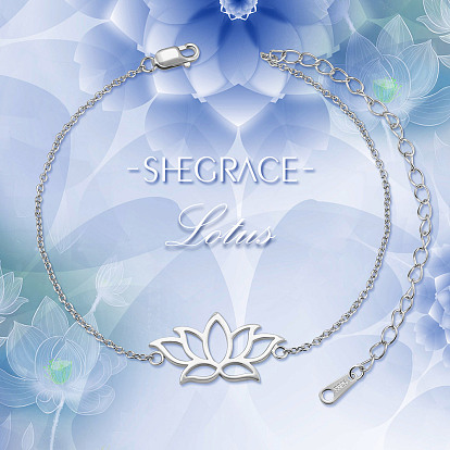 SHEGRACE 925 Sterling Silver Link Bracelets, with Cable Chains, Lotus