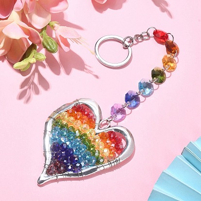 Porte-clés pendentif coeur en perles de verre et alliage, avec maillon octogonal en verre et porte-clés fendus en alliage