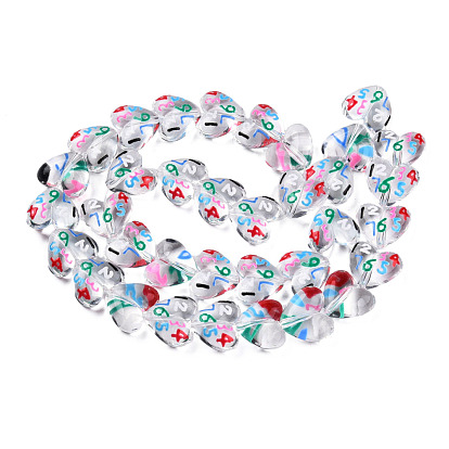 Brins de perles acryliques transparentes, avec l'émail, coeur avec le numéro