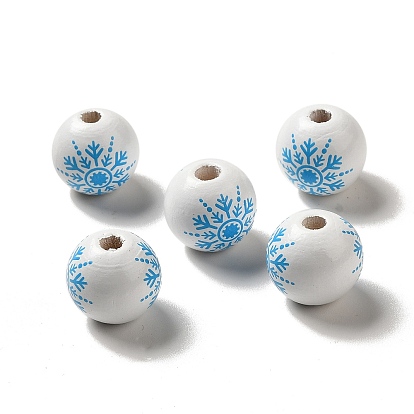 Christmas Snowflake Printed Wood European Beads, Large Hole Beads, Round