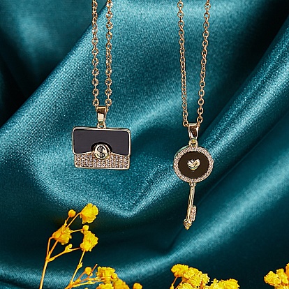 5 charmes en laiton de style micro-pavé en zircone cubique transparente, avec l'émail, losange et plat rond et clé et serrure et sacs de dame
