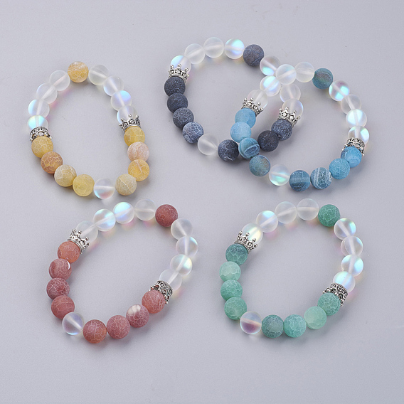 Natural Weathered Agate(Dyed) Beaded Stretch Bracelets, with Synthetic Moonstone Beads and Alloy Crown Beads