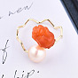 Perle naturelle avec anneau de manchette ouvert fleur de jade, bijoux en laiton pour femmes