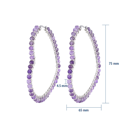 201 Stainless Steel Hoop Earrings, Beaded Hoop Earrings, with Natural Gemstone Beads, Heart