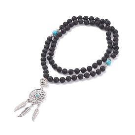 Collier de perles mala pierres précieuses, filet / toile tissé avec collier pendentif en alliage de plumes avec pierre de lave naturelle et turquoise synthétique, bijoux de prière de yoga pour femmes