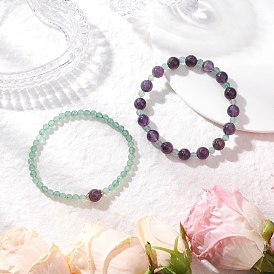 2Pulseras elásticas de cuentas redondas de aventurina verde natural y amatista para mujer