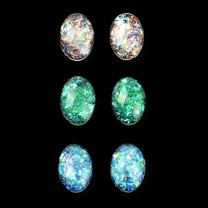 Cabochons en résine imitation opale, avec de la poudre de paillettes, dos plat ovale